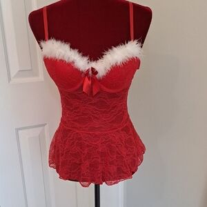 Adore Me Red Lace Holiday Chemise with White Accents